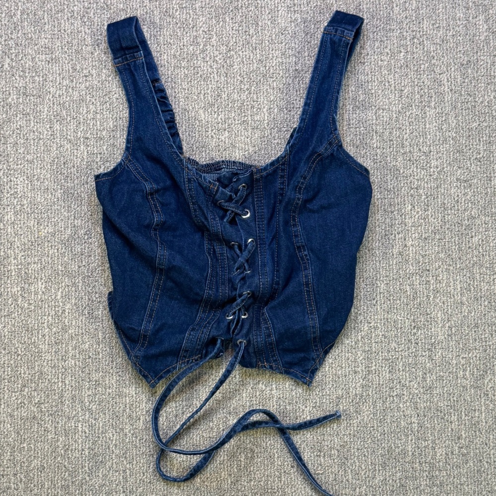 Lone‎ Star Denim Lace Up Corset Crop Top Medium Blue 100% Cotton Smocked Back